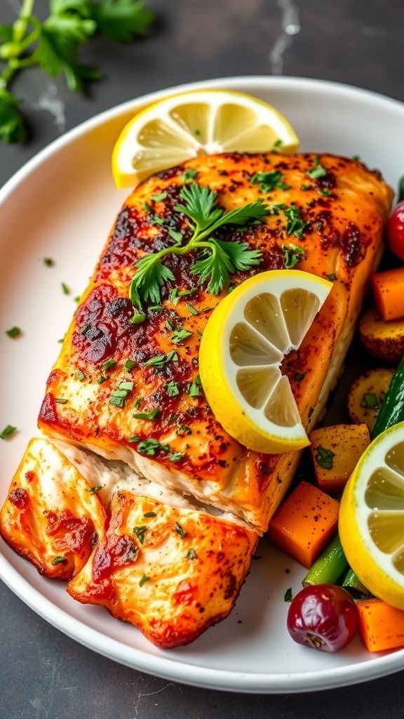 Crispy air fryer salmon fillet garnished with herbs and lemon, served with roasted vegetables on a white plate.